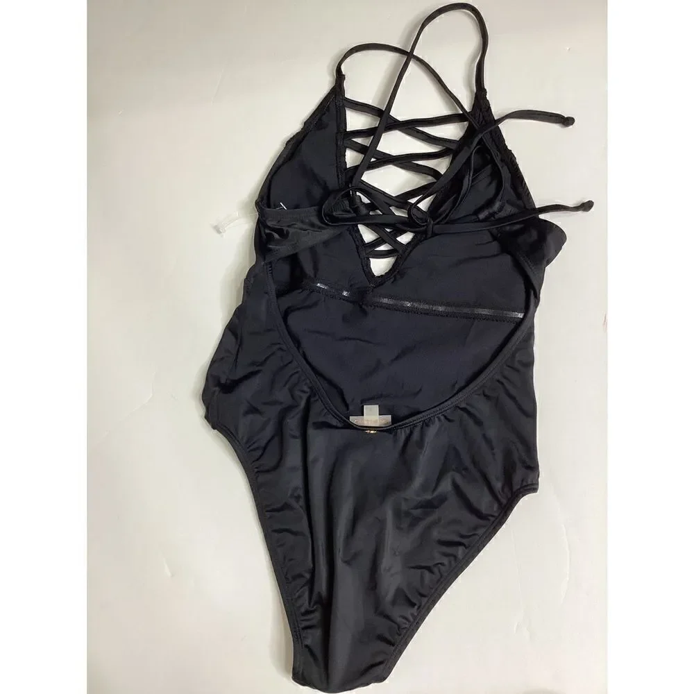 New. Pilyq LACE front with black lace trim swimsuit. Run small